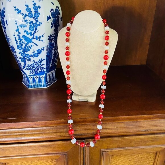Vintage Monet Cranberry Red and Pearlized Beaded Long Necklace - Picture 6 of 7